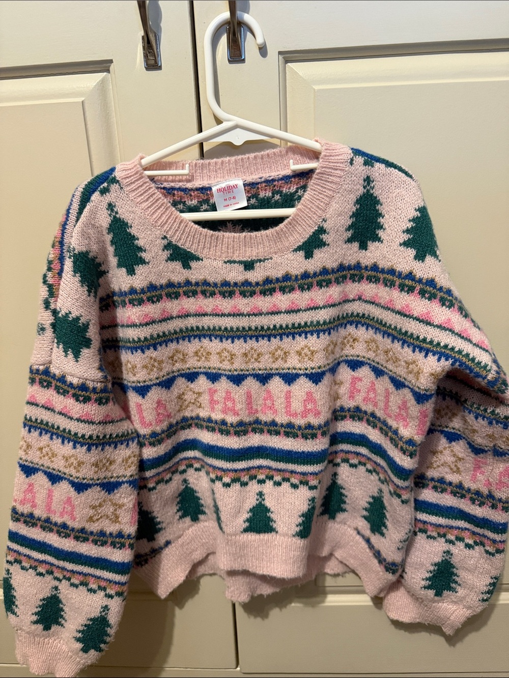 Pink Holiday Crewneck Sweater with Green Tree Motif - Casual Women’s Knit